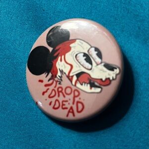 Pink 'Drop Dead' Mickey Mouse Brainz Button Pin 2012 vintage super rare